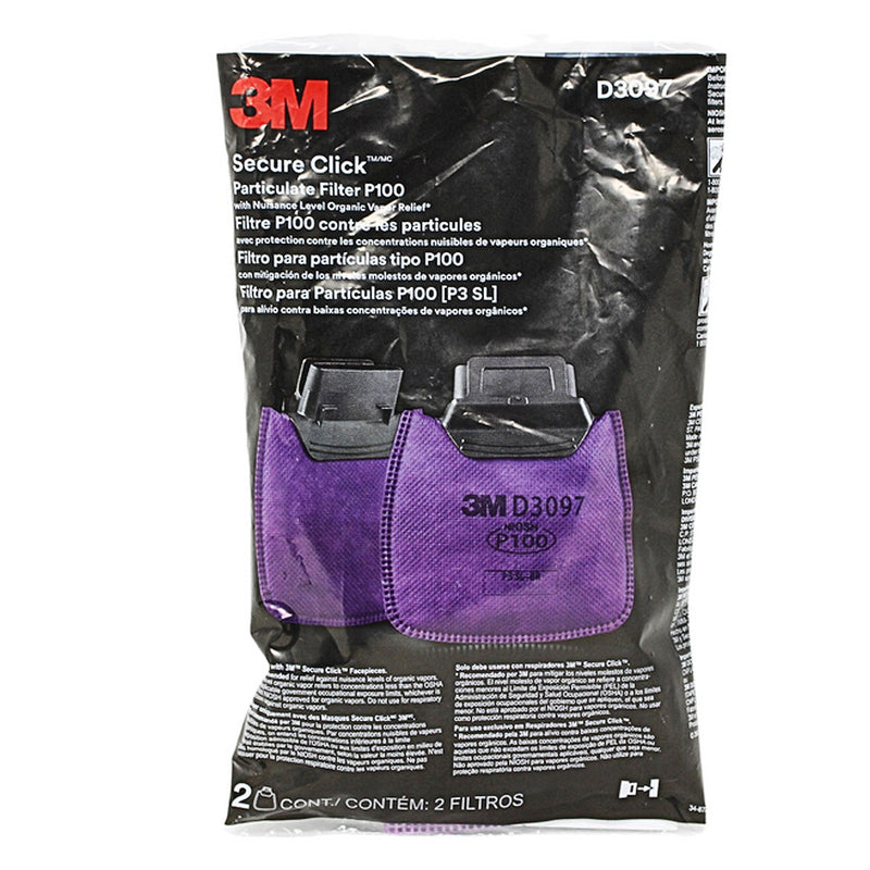 Túi 2 tấm lọc bụi P100, có lớp than hoạt tính giảm mùi 3M Secure Click D3097 dùng cho mặt nạ phòng độc HF-800 Series