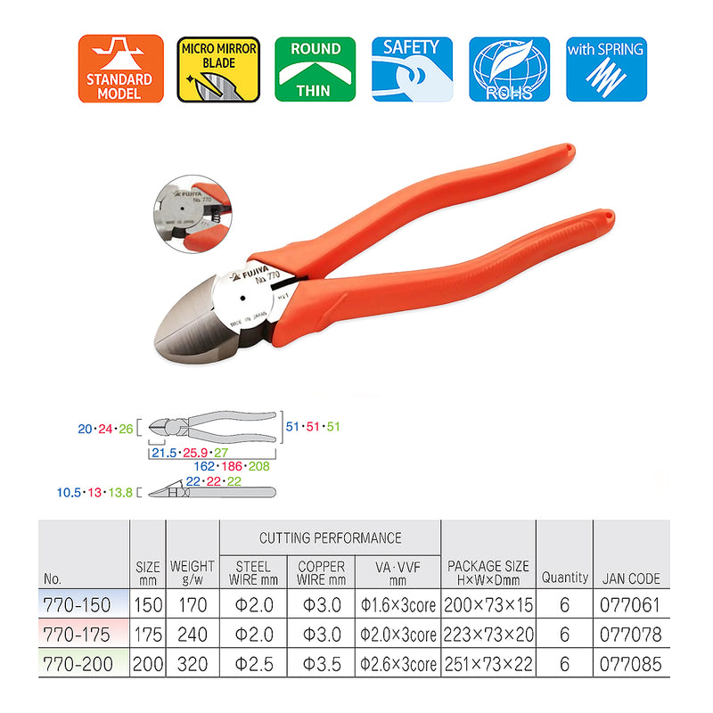 Kìm cắt chéo lưỡi tròn 175mm - 200mm (7 inch - 8 inch) FUJIYA 770-175/200 Series, vật liệu thép hợp kim cao cấp. Tiêu chuẩn RoHS. Xuất xứ Nhật Bản