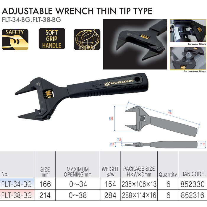 Mỏ lết điều chỉnh đầu mỏng Fujiya Kurokin-Series, kích thước từ 166mm ~ 214mm, độ mở ngàm từ 0 ~ 34mm. Tiêu chuẩn RoHS