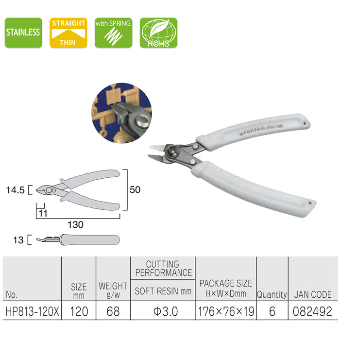 Kìm cắt nhựa mềm có lò xo trợ lực Fujiya HP813-120X, chất liệu thép không gỉ, kích thước 120mm. Tiêu chuẩn RoHS