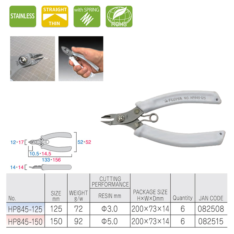 Kìm cắt nhựa cứng có lò xo trợ lực Fujiya HP845-125/150 Series, chất liệu thép không gỉ, kích thước từ 125m ~ 150mm. Tiêu chuẩn RoHS