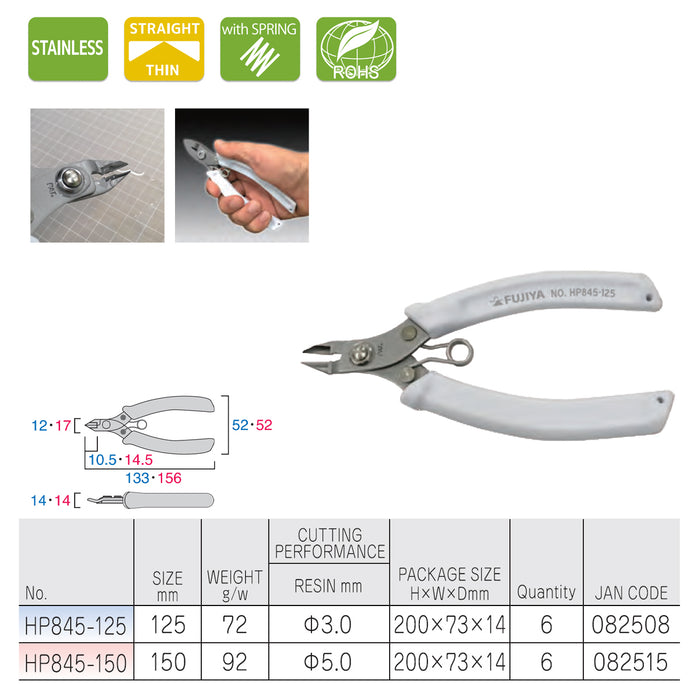 Kìm cắt nhựa cứng có lò xo trợ lực Fujiya HP845-125/150 Series, chất liệu thép không gỉ, kích thước từ 125m ~ 150mm. Tiêu chuẩn RoHS