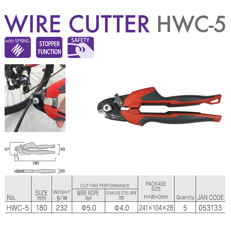 Kìm cắt cáp lưỡi kép có lò xo trợ lực Fujiya HWC-5, kích thước 180mm