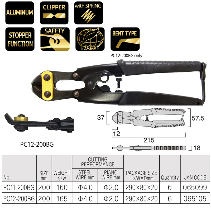 Kìm cắt cộng lực, thân nhôm Fujiya PC-BG Series (Kurokin) kích thước 200mm