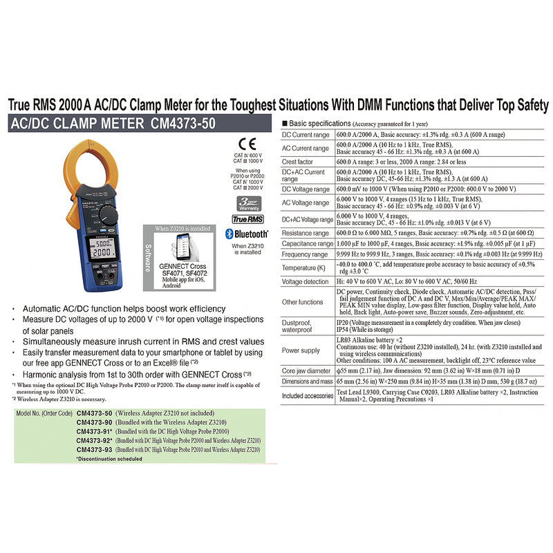 Ampe kìm đo dòng AC/DC Hioki CM4373-90 True RMS, đi kèm module kết nối Bluetooth