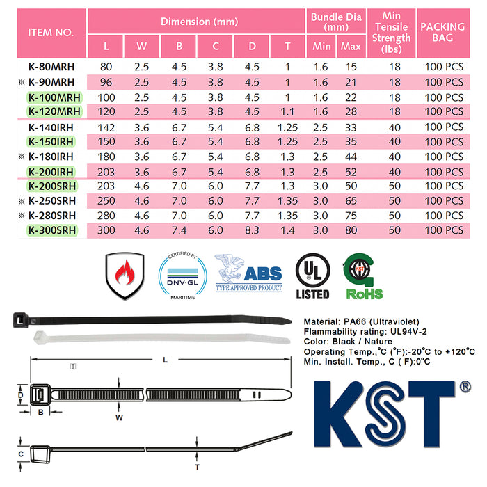 Dây rút nhựa chịu nhiệt 120°C KST cao cấp, tiêu chuẩn quốc tế, dài 80mm -300mm,