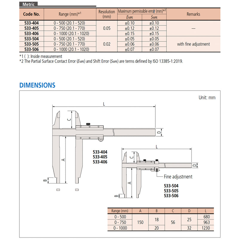 Thước kẹp cơ Mitutoyo Series 533, Nib style and Standard Jaws Caliper