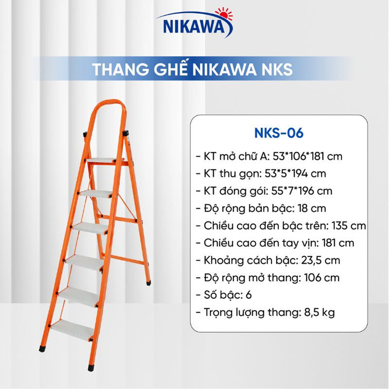 Thang ghế chữ A khung thép Nikawa NKS, chiều cao tối đa từ 1.3m ~ 1m8