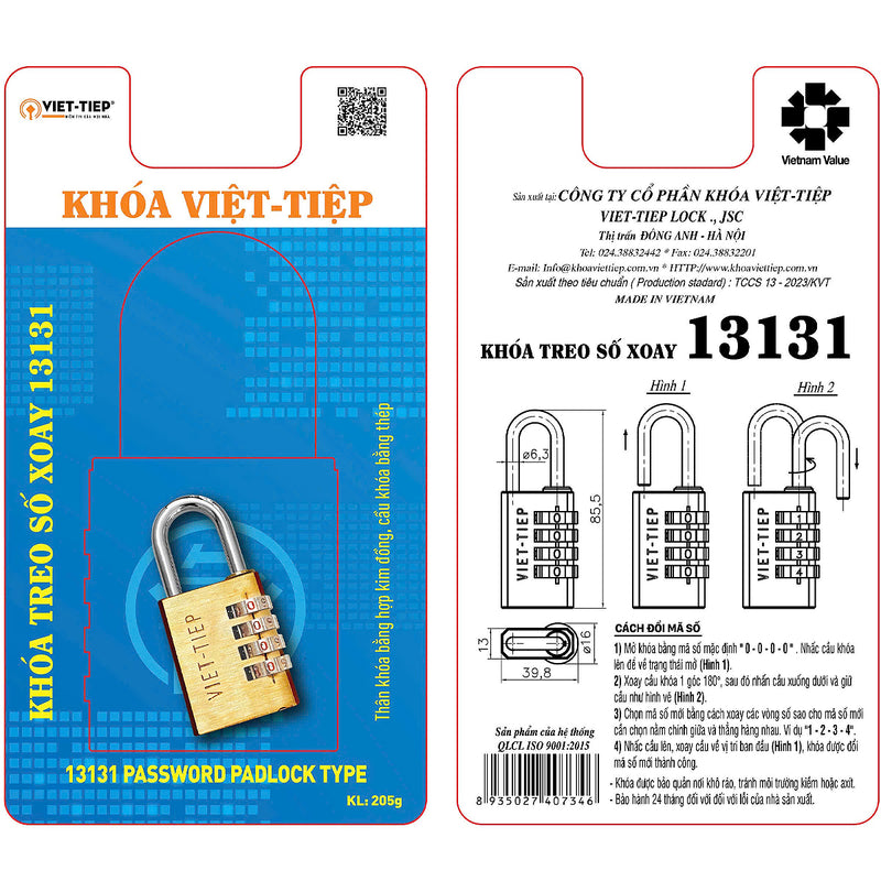 Ổ khóa số Việt Tiệp, thân khóa rộng từ 30mm - 39.8mm, thân khóa bằng hợp kim đồng, 4 cọc số