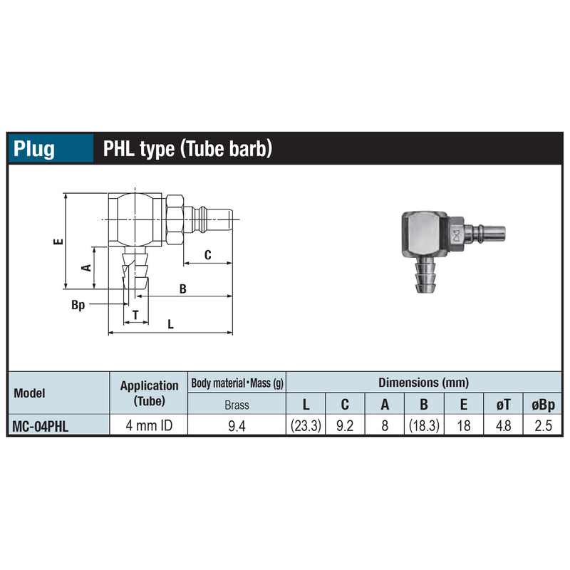 Đầu nối nhanh góc 90° Micro Cupla PHL-Type (Plug) MC-04PHL chất liệu đồng, kiểu đuôi gai nối ống mềm