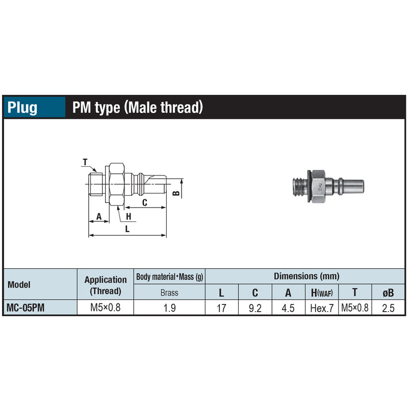 Đầu nối nhanh Micro Cupla PM-Type (Plug) MC-05PM chất liệu đồng, kiểu kết nối ren ngoài M5x0.8