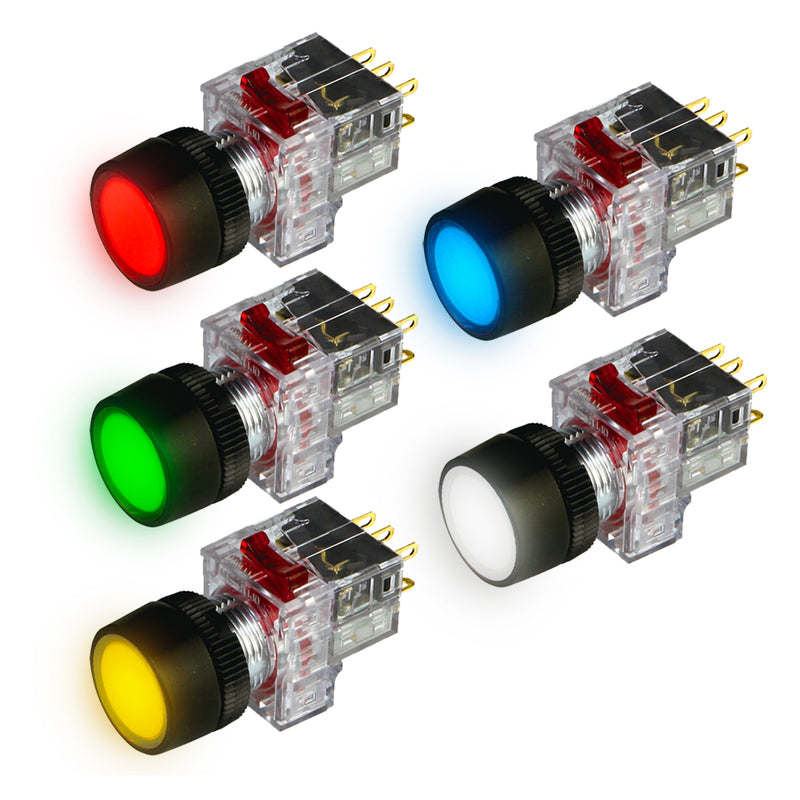 Công tắc nhấn tích hợp đèn báo, tròn bầu viền nhựa Hanyoung Nux DRX-T series, Lỗ khoét Ø16mm