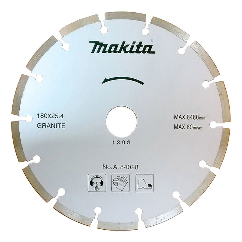 Lưỡi cắt kim cương phân đoạn 180mm Makita A-84028 dùng cho đá granite, lỗ trục 25,4mm, cắt khô (Cấp 2 sao)