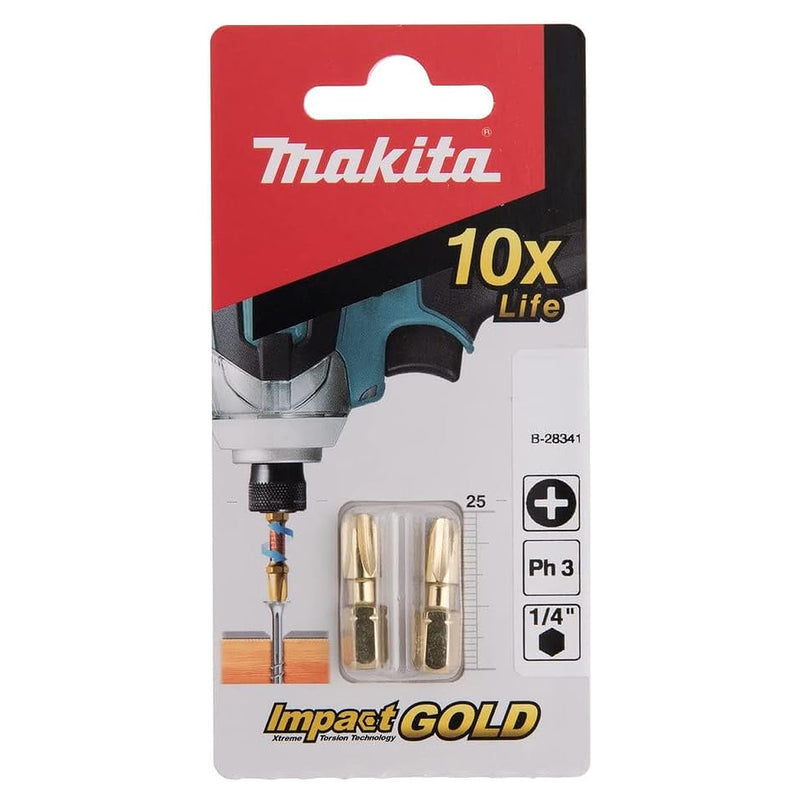Vĩ 2 mũi vít bake Torsion Impact Gold Makita kích thước từ PH1 - PH3, chiều dài 25mm, đuôi lục giác 6.35mm (1/4 inch)