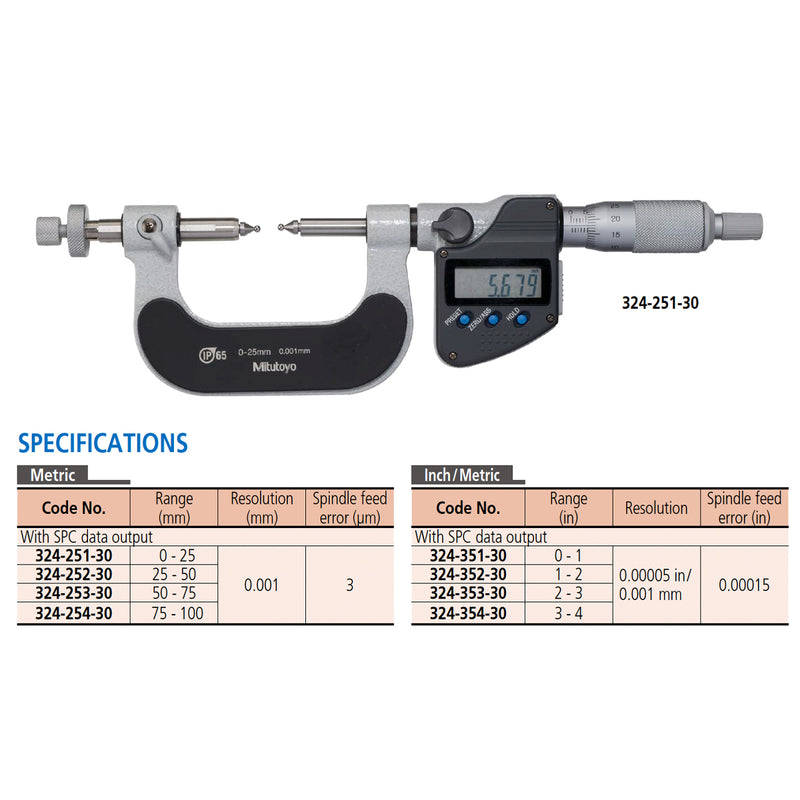 Panme điện tử Mitutoyo Series 324 - Gear Tooth Micrometers. Hàm kẹp đầu bi đo bánh răng. Có cổng SPC xuất dữ liệu