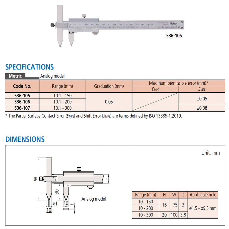 Thước kẹp cơ Mitutoyo Series 536, Offset Center Line Caliper,  loại hàm so le, chuyên đo tâm lỗ
