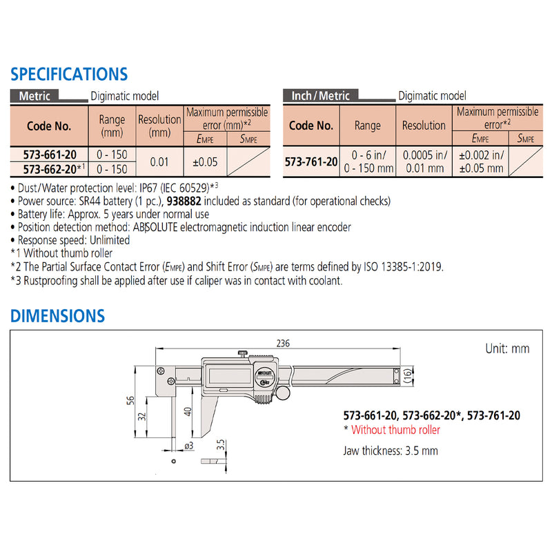 Thước kẹp điện tử Mitutoyo Series 573, ABSOLUTE Digimatic Tube Thickness Caliper, chuyên đo độ dày thành ống