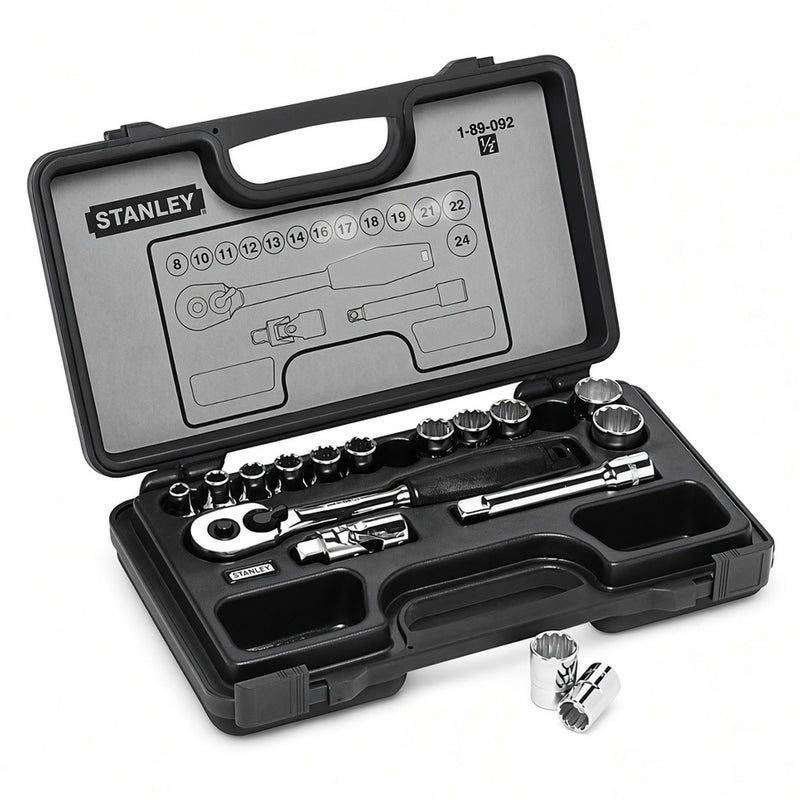 Bộ đầu tuýp 12 cạnh kèm cần siết cốt 1/2 inch 16 chi tiết Stanley 89-092-1 đựng trong hộp nhựa đen