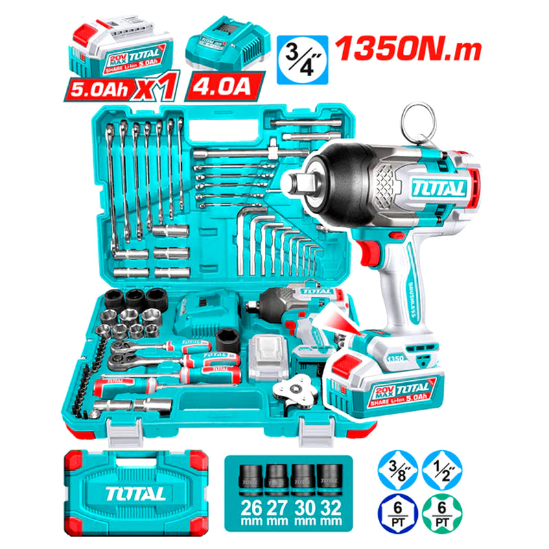 Bộ dụng cụ, kèm máy siết bu lông cốt 3/4 inch, 126 chi tiết Total THKTHP31262