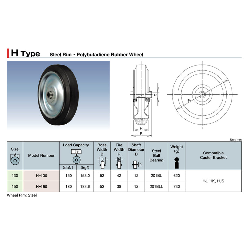 Bánh xe rời Ukai H-Type niềng thép, bánh cao su, đường kính từ 130mm - 150mm