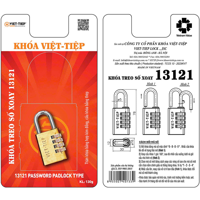 Ổ khóa số Việt Tiệp, thân khóa rộng từ 30mm - 39.8mm, thân khóa bằng hợp kim đồng, 4 cọc số