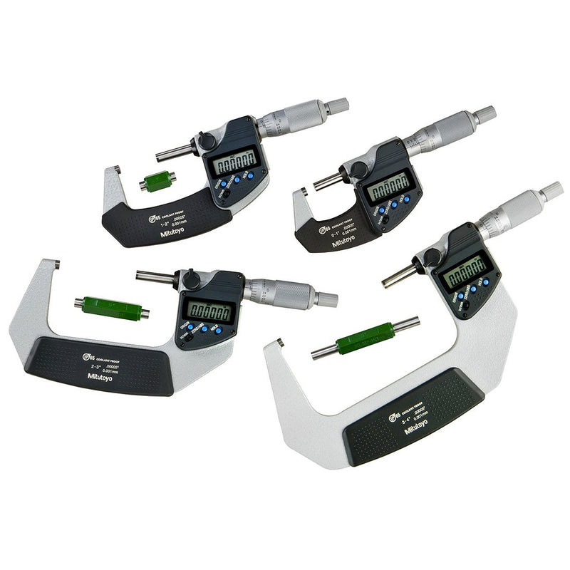 Bộ 4 thước Panme điện tử Mitutoyo hệ Inch - Mã số 293-961-30. Đáp ứng dãy đo từ 0-4 Inch. Có cổng SPC