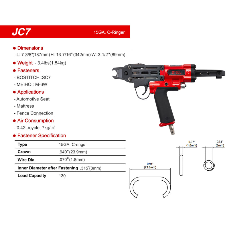 Máy bắn đinh móc, đinh C dùng khí nén JITOOL JC7, cỡ đinh 15Ga