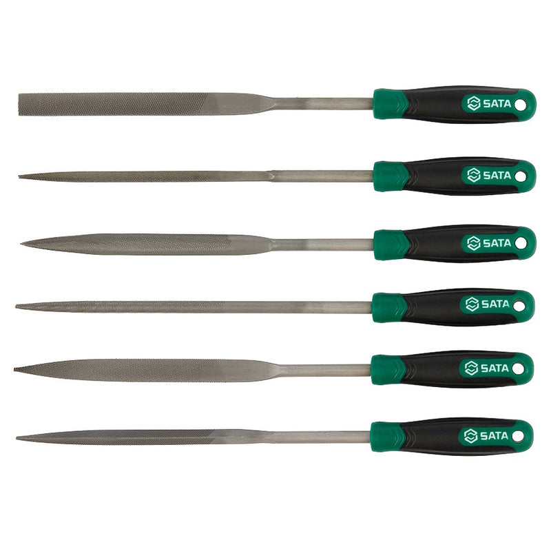 Bộ dũa kim loại SATA 03703 6 chi tiết, 5x180mm, cán cao su, thép carbon cao cấp, chuyên dụng gia công chi tiết nhỏ, độ chính xác cao.
