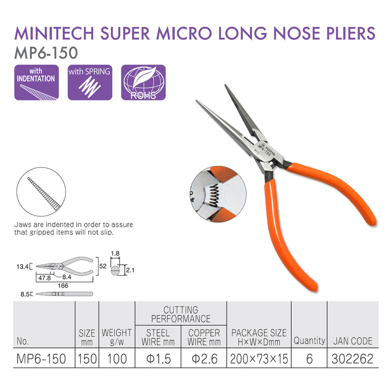 Kìm nhọn mũi dài mini có lò xo trợ lực Fujiya MP6-150 kích thước 150mm. Tiêu chuẩn RoHS