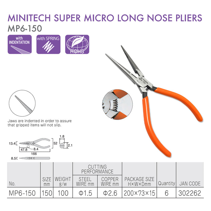 Kìm nhọn mũi dài mini có lò xo trợ lực Fujiya MP6-150 kích thước 150mm. Tiêu chuẩn RoHS