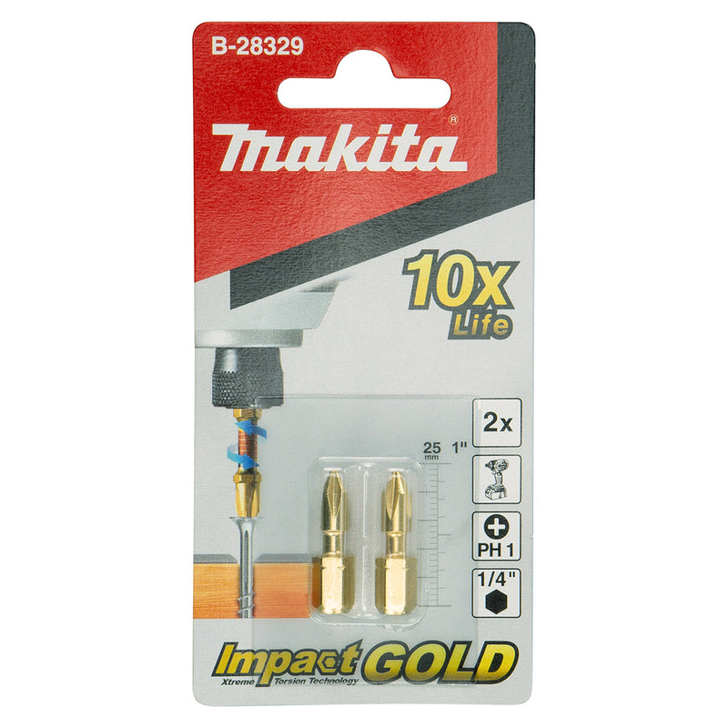 Vĩ 2 mũi vít bake Torsion Impact Gold Makita kích thước từ PH1 - PH3, chiều dài 25mm, đuôi lục giác 6.35mm (1/4 inch)