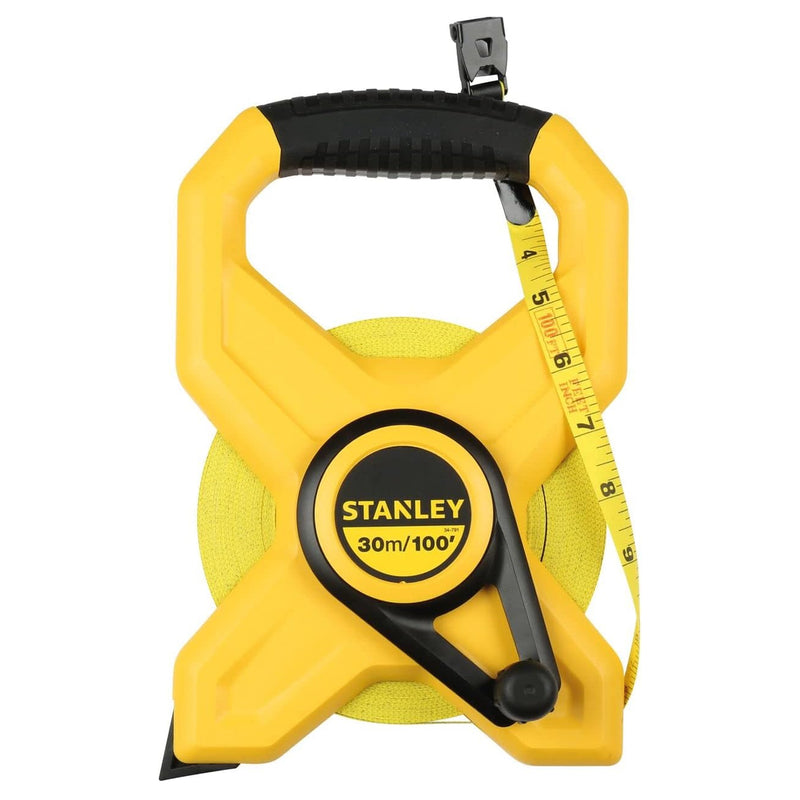 Thước dây cuộn sợi thủy tinh Stanley Contractor Grade STHT34791-8 dạng khung mở màu vàng đen, tay cầm lớn, lưỡi phủ PVC chống UV kèm cọc nhọn cố định