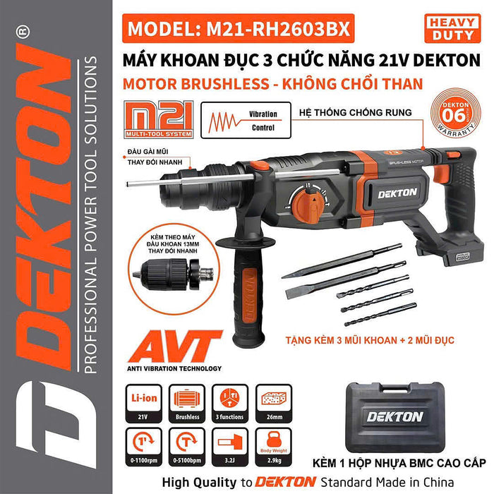 Máy khoan bê tông 3 chức năng Dekton M21-RH2603BX dùng pin 21V, lực đập 3.2J, đuôi gài SDS-Plus