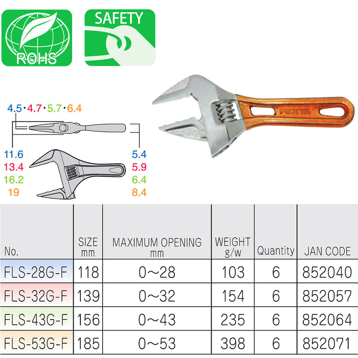 Mỏ lết điều chỉnh thân ngắn Fujiya FLS-Series, kích thước từ 118mm ~ 185mm, độ mở ngàm từ 0 ~ 53mm. Tiêu chuẩn RoHS