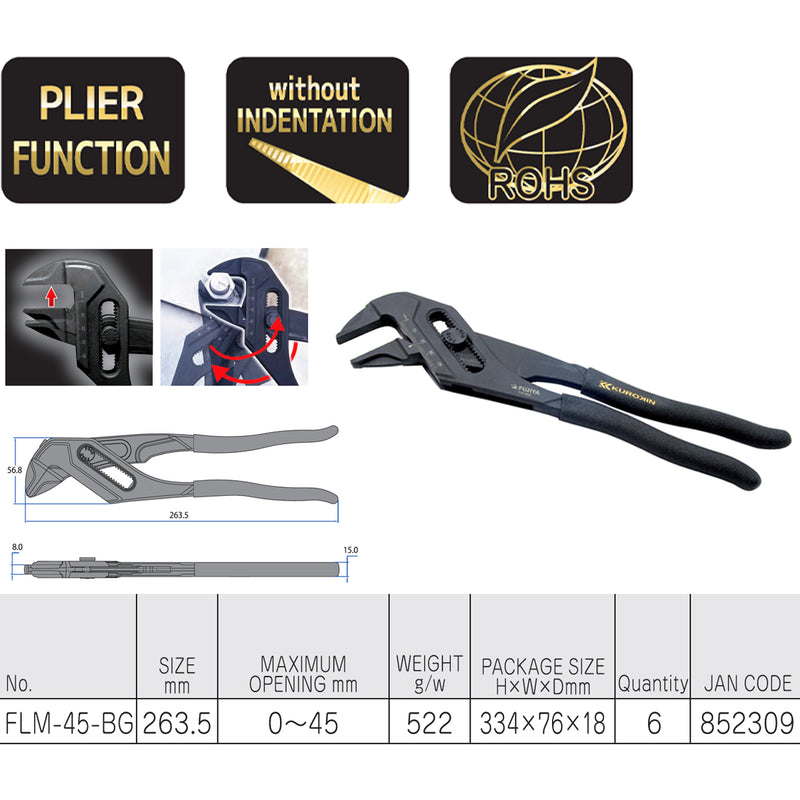 Mỏ lết điều chỉnh nhanh Fujiya FLM-45-BG Kurokin-Series, kích thước 263.5mm, độ mở ngàm từ 0 ~ 45mm. Tiêu chuẩn RoHS