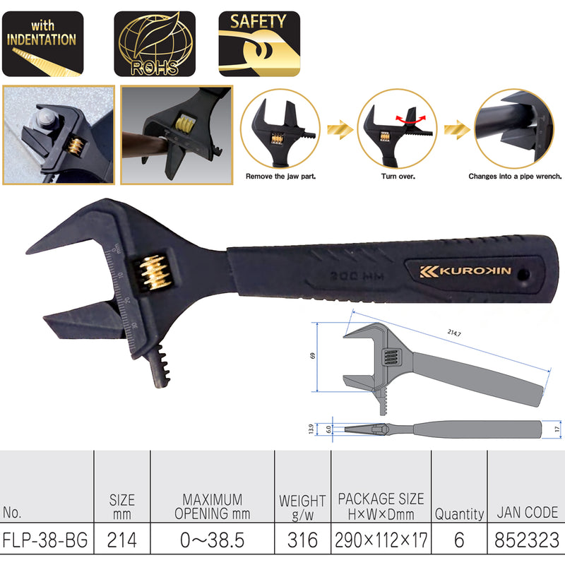 Mỏ lết điều chỉnh đảo hàm đa năng Fujiya FLP-38-BG, kích thước 214mm, độ mở ngàm tối đa 38.5mm. Tiêu chuẩn RoHS