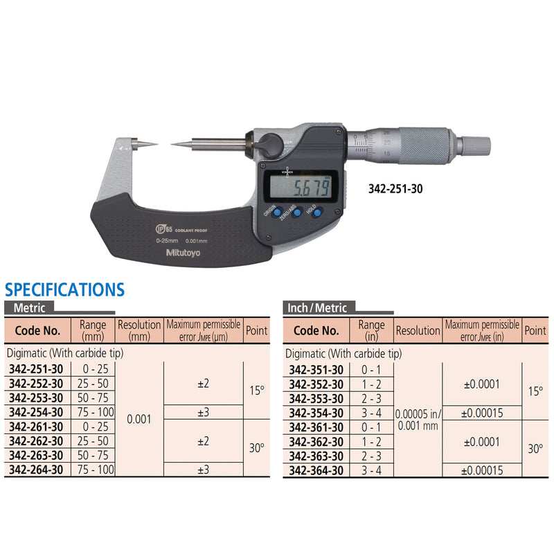 Panme điện tử Mitutoyo Series 342 - Point Micrometers, Mũi đo nhọn