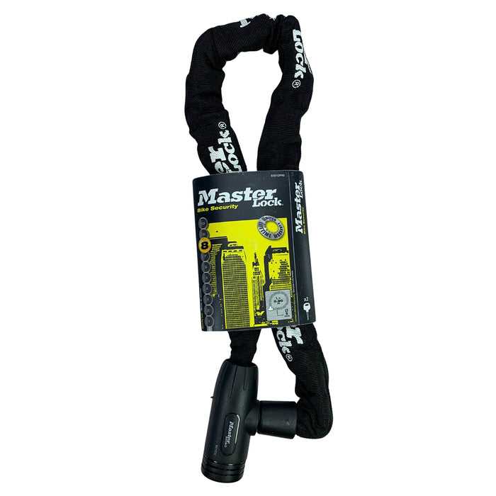 Khóa dây xích dùng chìa Master Lock cao cấp, dây xích bằng thép cường lực dày 8mm được bọc lớp vải nhiều màu dài 90cm