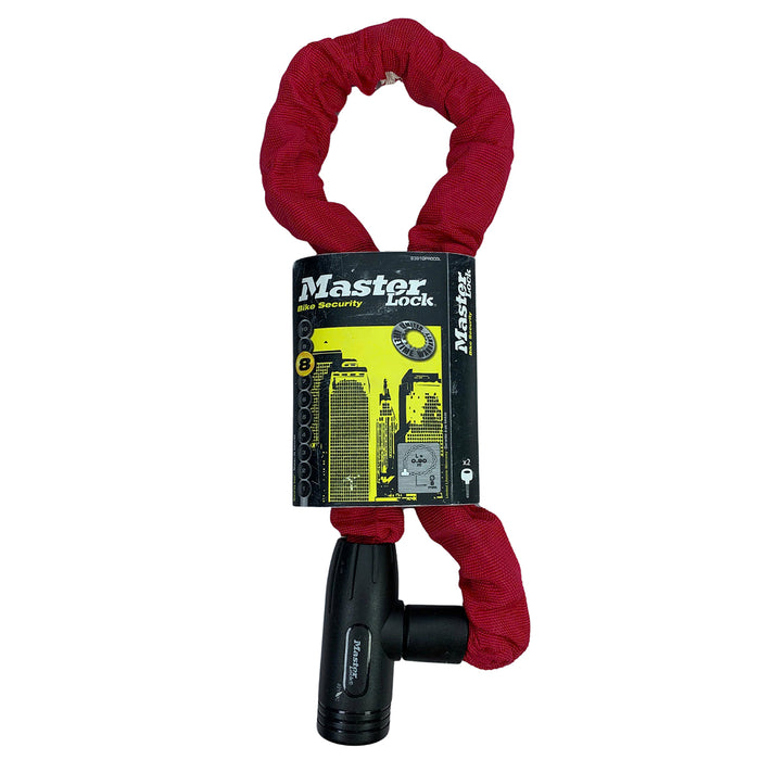 Khóa dây xích dùng chìa Master Lock cao cấp, dây xích bằng thép cường lực dày 8mm được bọc lớp vải nhiều màu dài 90cm