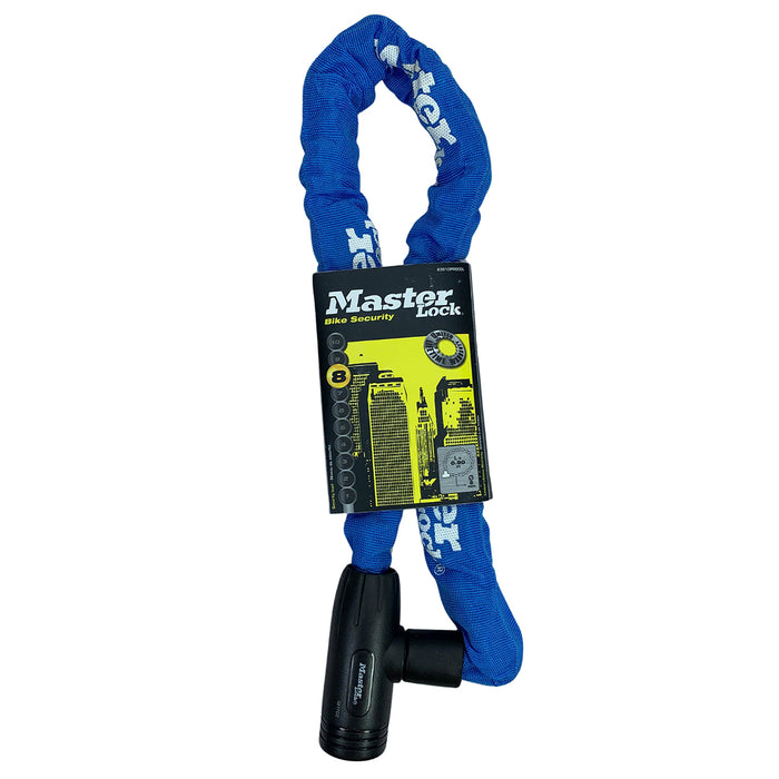 Khóa dây xích dùng chìa Master Lock cao cấp, dây xích bằng thép cường lực dày 8mm được bọc lớp vải nhiều màu dài 90cm