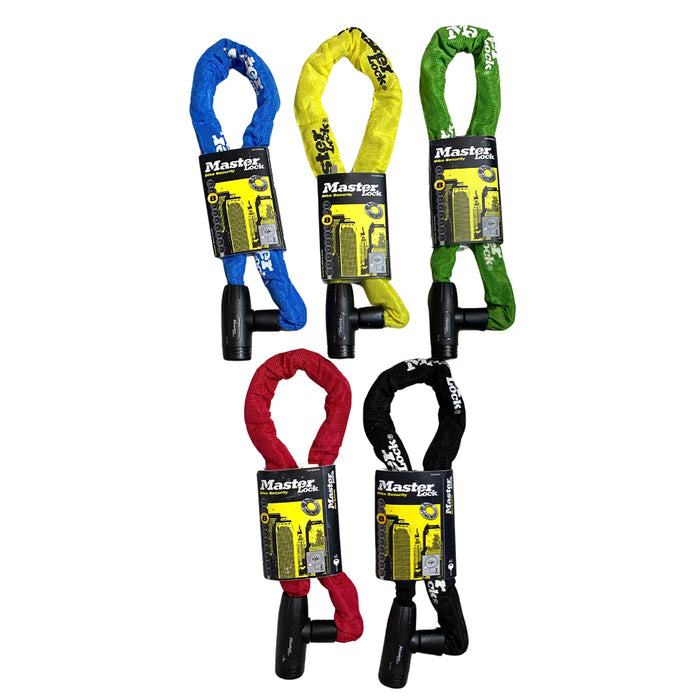 Khóa dây xích dùng chìa Master Lock cao cấp, dây xích bằng thép cường lực dày 8mm được bọc lớp vải nhiều màu dài 90cm
