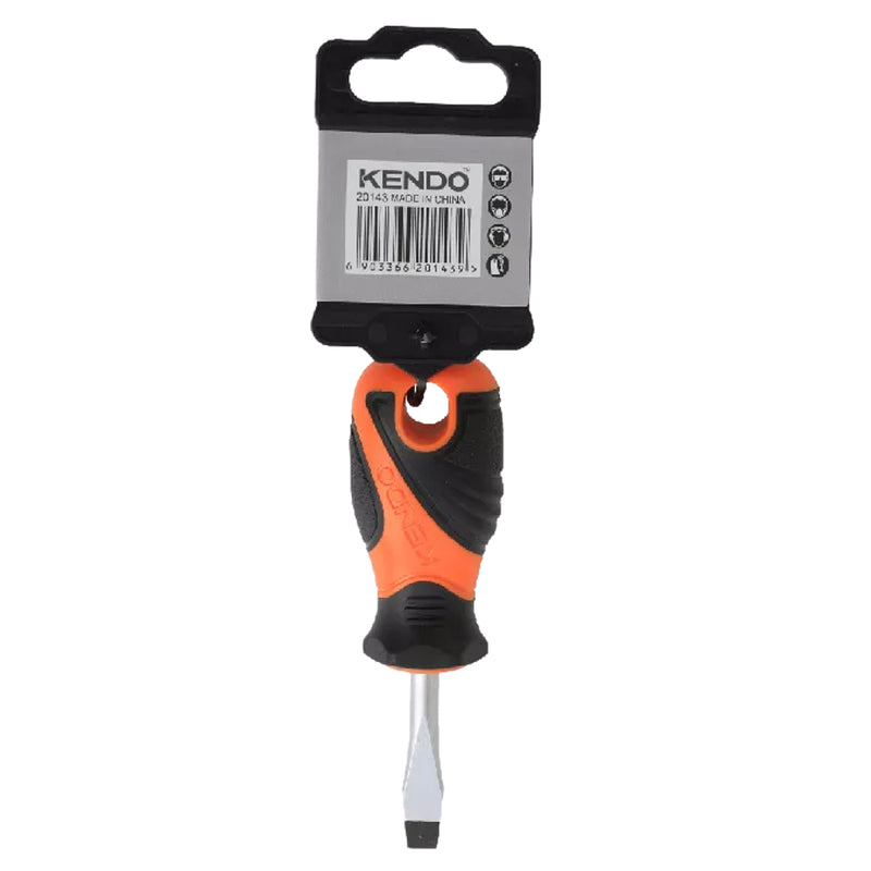 Tua vít dẹp ngắn Kendo 20143, kích thước 6 x 38mm vật liệu thép Cr-V, tay cầm bọc cao su