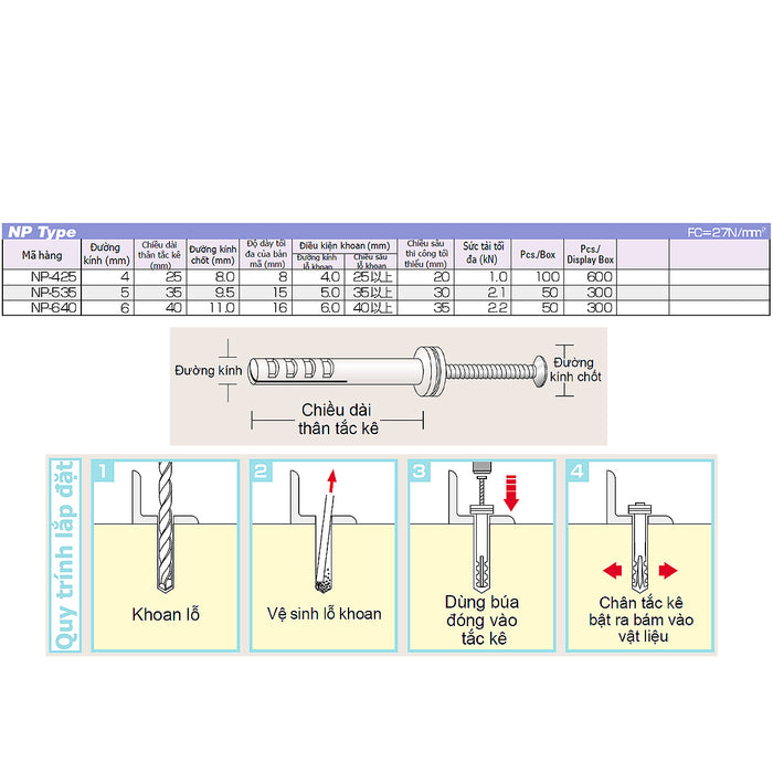 Tắc kê nhựa kèm vít đóng NP-Type hệ mét Unika, chuyên dùng cho bê tông, gạch block và đá