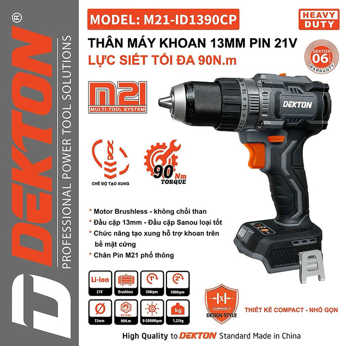Máy khoan động lực dùng pin 21V Dekton M21-ID1390CP, lực siết 90Nm, đầu kẹp 13mm
