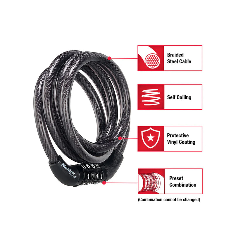 Ổ khóa dây 4 cọc số Master Lock 8143EURDPRO, dây khóa bằng cáp thép cuộn được bọc nhựa vinyl dài 1.8m