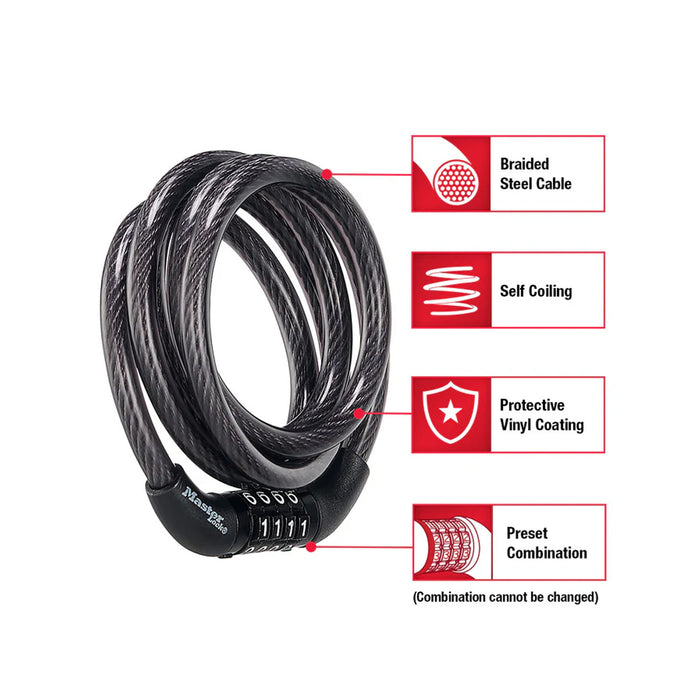 Ổ khóa dây 4 cọc số Master Lock 8143EURDPRO, dây khóa bằng cáp thép cuộn được bọc nhựa vinyl dài 1.8m