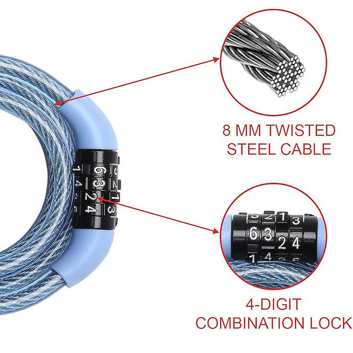 Ổ khóa dây 4 cọc số Master Lock 8143EURDPROCOL, dây khóa bằng cáp thép cuộn được bọc nhựa vinyl dài 1.8m