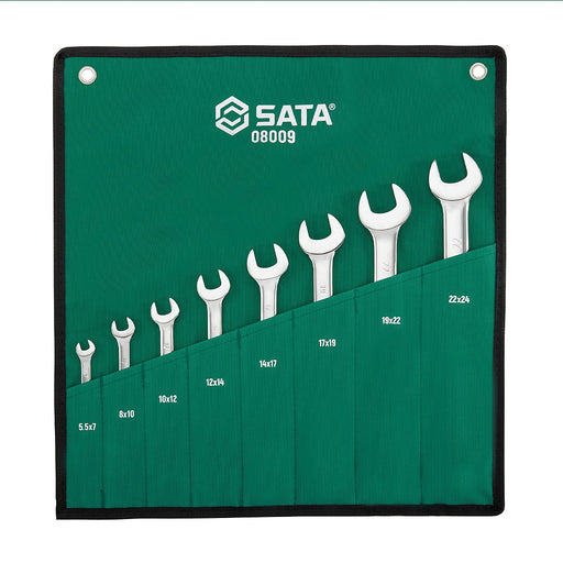 Bộ cờ lê hai đầu miệng SATA 08009 8 chi tiết 5.5-24mm, Cr-V, mạ Chrome, góc nghiêng 15°.