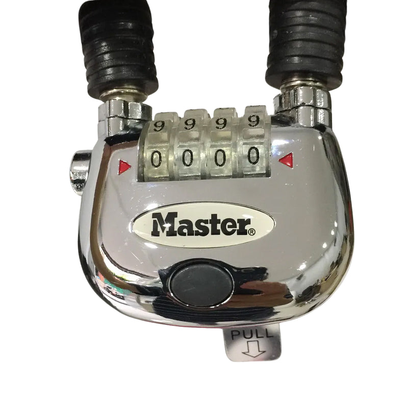 Ổ khóa dây 4 cọc số Master Lock 8213EURDPRO, dây khóa bằng sợi cáp thép cứng được bọc nhựa vinyl nhiều màu dài 60cm, có đèn sáng tại cọc số khi mở