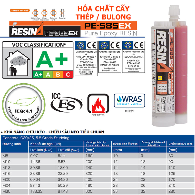 Hóa chất cấy thép và bu lông 2 thành phần Unika PE-585EX, dung tích 585ml